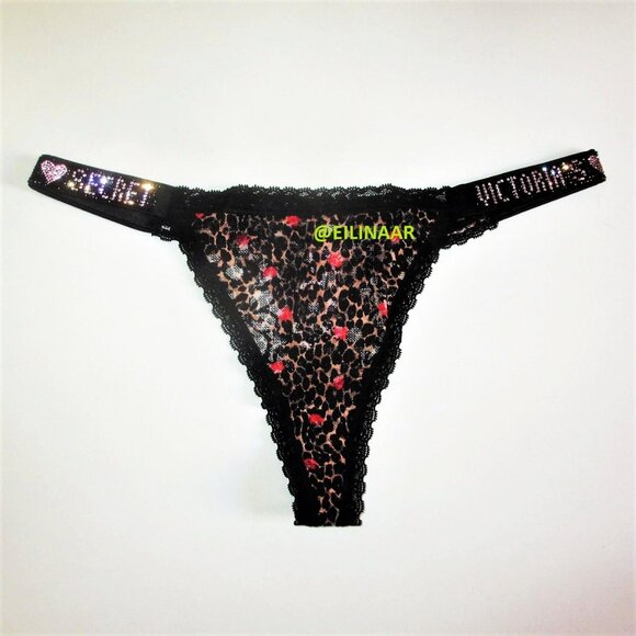 Victoria's Secret Shine Strap Lace V-String Thong Panty M Leopard Roses nwt - Picture 4 of 4